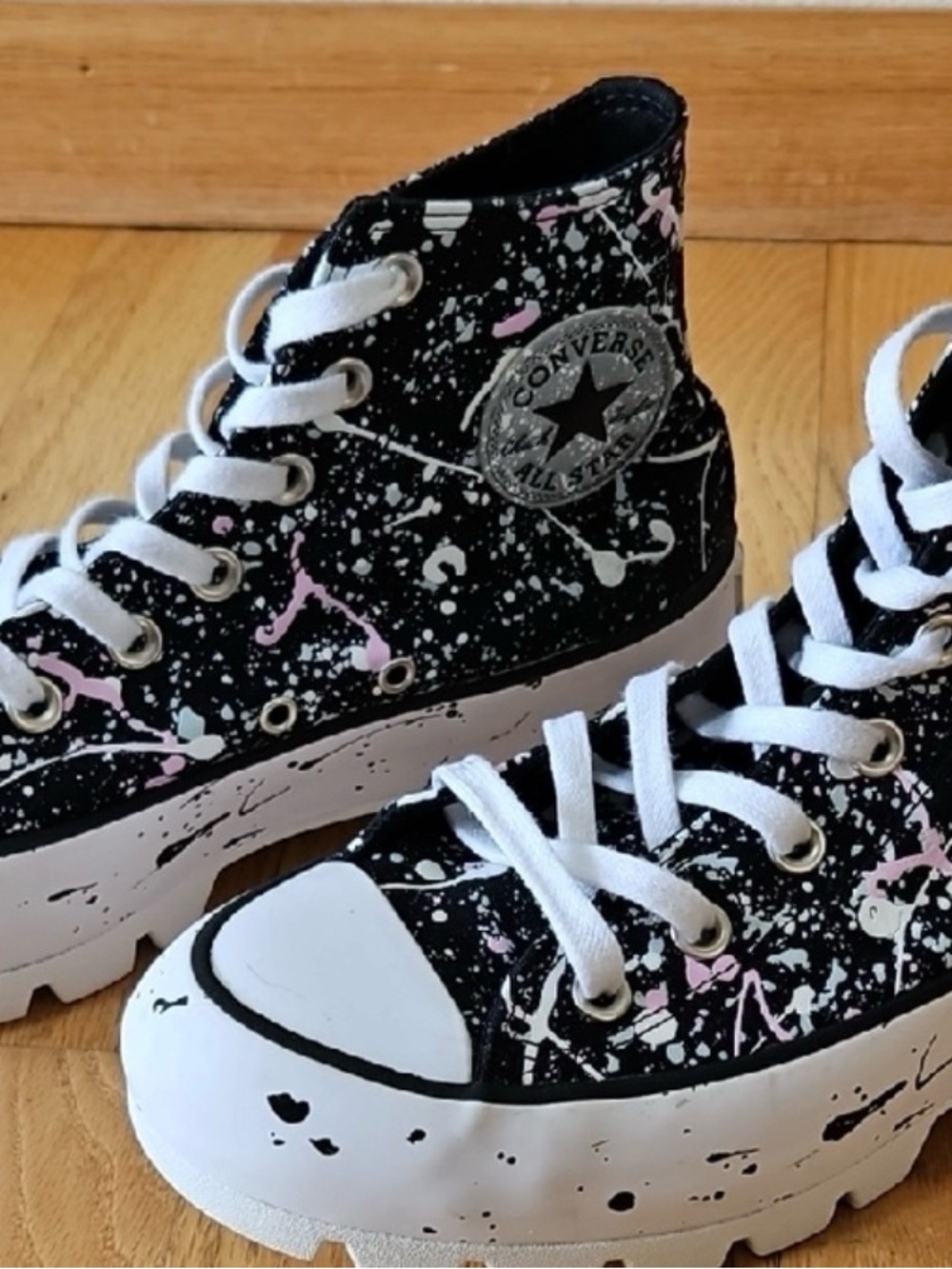 Converse Black Lugz style High-Tops w/ Pink & White Paint Splatter sz W8